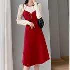 Mock-two-piece Long-sleeve Contrast Panel Spaghetti-strap Dress