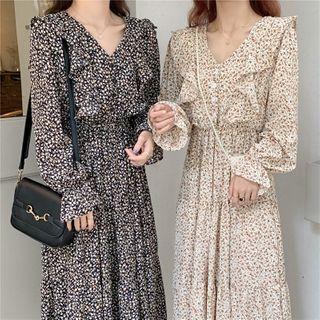 Long-sleeve V-neck Floral Print Dress