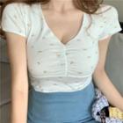 Short-sleeve Floral Print V-neck Top