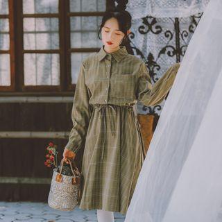 Plaid Gathered-waist Long-sleeve Dress