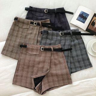 Two-tone Plaid High-waist Skort With Belt