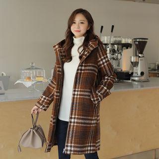 Hooded Plaid Zip-up Coat
