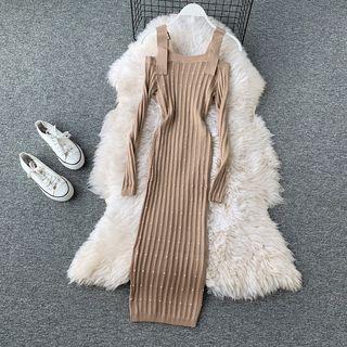 Long-sleeve Cold Shoulder Midi Knit Sheath Dress
