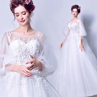 3/4-sleeve Sheer A-line Evening Gown