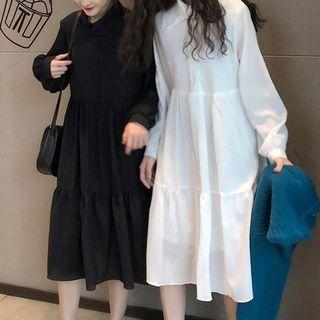 Puff-sleeve Plain Midi Shirtdress