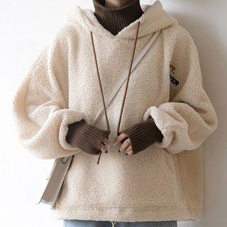 Letter Embroidered Faux Shearling Hoodie Almond - M