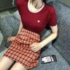 Short-sleeve Heart Embroidered Knit Top / Fitted Plaid Mini Skirt