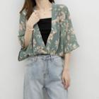 Set: Elbow-sleeve Floral Print Crop Top + Camisole Top Set Of 2 - Crop Top - Black - One Size / Cardigan - Green - One Size