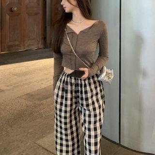 Plaid Straight Leg Pants / Long-sleeve Cropped T-shirt