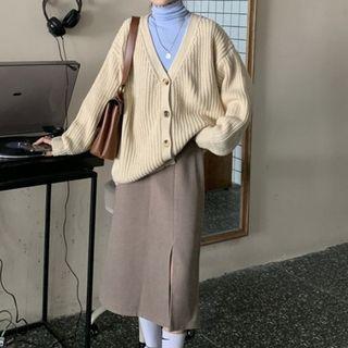 Midi Skirt / Cardigan / Long-sleeve Turtle Neck T-shirt