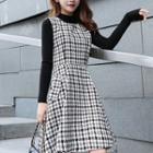 Long-sleeve Top / Sleeveless Houndstooth A-line Dress / Set