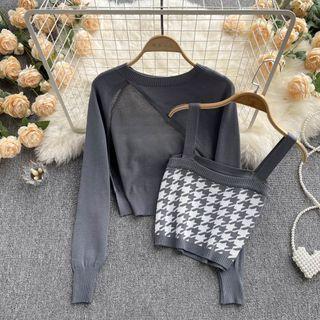 Set: Knit Crop Top + Houndstooth Camisole Top