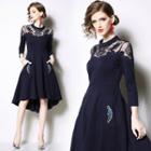 3/4-sleeve Lace-panel High-low A-line Dress