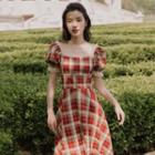 Plaid Square-neck Puff-sleeve Midi A-line Dress