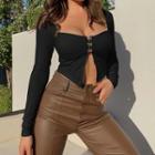 Long-sleeve Slit-front Crop Top