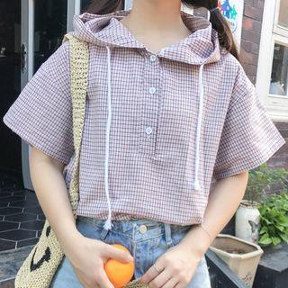 Short-sleeve Plaid Hoodie Off-white - One Size