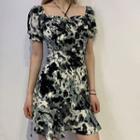 Puff-sleeve Tie-dyed Mini A-line Dress