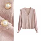 Faux-pearl Button V-neck Knit Cardigan