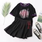 Set: Short-sleeve Printed T-shirt + Mini Pleated Skirt