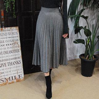 Accordion-pleat Houndstooth Wool Blend Long Skirt