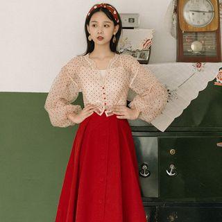 Set: Camisole Top + Dotted Blouse + Midi A-line Skirt