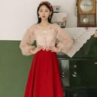 Set: Camisole Top + Dotted Blouse + Midi A-line Skirt