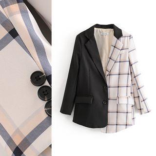 Asymmetric Plaid Panel Single-breasted Blazer