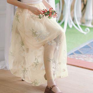Embroidered Floral Mesh A-line Midi Skirt