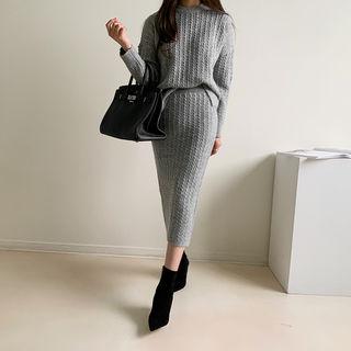 Crewneck Sweater & Maxi Skirt Cable-knit Set