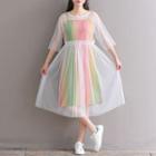 Set: Elbow-sleeve A-line Mesh Dress + Gradient Spaghetti-strap Dress