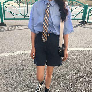Set: Plain Elbow-sleeve Blouse + Plaid Neck Tie / High Waist Shorts