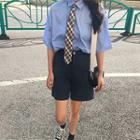 Set: Plain Elbow-sleeve Blouse + Plaid Neck Tie / High Waist Shorts