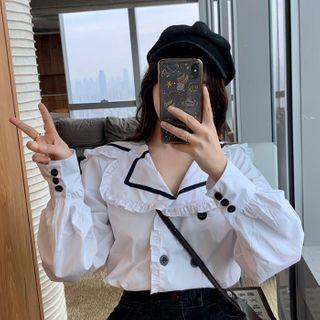 Long-sleeve Double Breasted Frill Trim Shirt As Shown In Figure - One Size