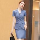 Short-sleeve Double-breasted Blazer / Pencil Skirt / Set