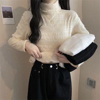 Mock-neck Long-sleeve Shirred Blouse