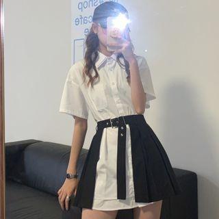 Elbow-sleeve Shirt / Pleated Mini A-line Skirt