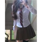 Plain Shirt / Pleated Mini A-line Skirt / Striped Necktie