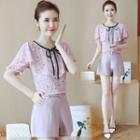 Set: Short-sleeve Floral Blouse + Shorts