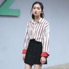 Contrast Roll-up Sleeve Striped Shirt As Shown In Figure - One Size