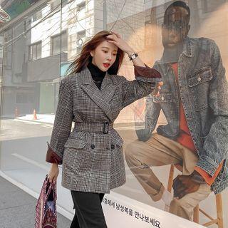 Belted Woolen Glen-plaid Blazer