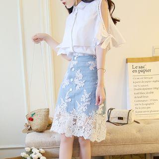 Set: Elbow-sleeve Cutout Shirt + Lace Panel Midi Denim Skirt