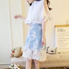 Set: Elbow-sleeve Cutout Shirt + Lace Panel Midi Denim Skirt