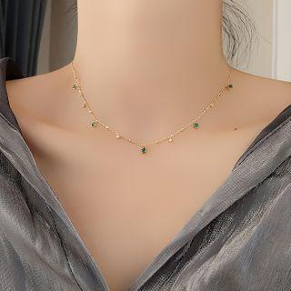 Rhinestone Necklace Green & White Rhinestone - Gold - One Size