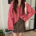 Plaid Shirt / Faux Leather Mini A-line Skirt