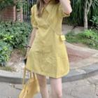 Puff-sleeve Mini A-line Shirtdress / Mini Chain Crossbody Bag