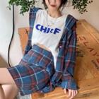 Two-tone Plaid Oversized Long Sleeve Shirt / High Waist A-line Mini Plaid Skirt