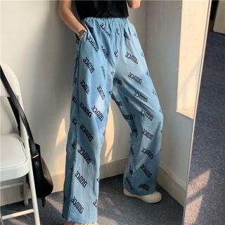 Short-sleeve Button-up Cropped T-shirt / Lettering Wide-leg Pants