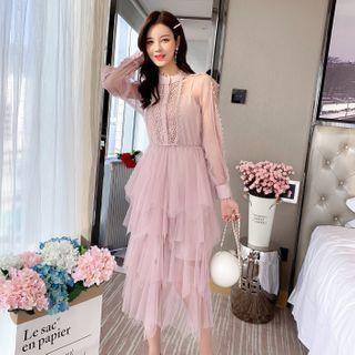 Set: Long-sleeve Tiered Midi Dress + Slipdress