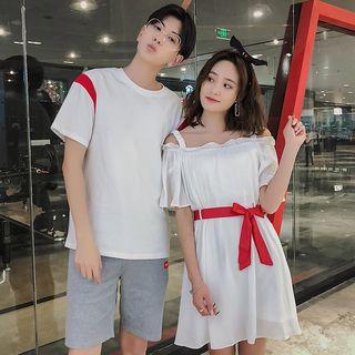 Couple Matching Short-sleeve T-shirt / Shorts/ Cold Shoulder Mini Dress