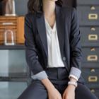 Single-button Blazer / Straight-cut Dress Pants / Mini Pencil Skirt / V-neck Long-sleeve Blouse / Set